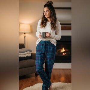 L.L.Bean Women’s Flannel Pajama Pants - Teal & Plum Plaid - Size Medium